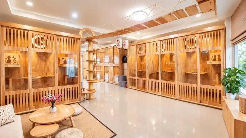 ห้องพักแมวงานไม้ทั้งผนัง พร้อมสะพานแมวบนเพดาน งานจริงของร้าน